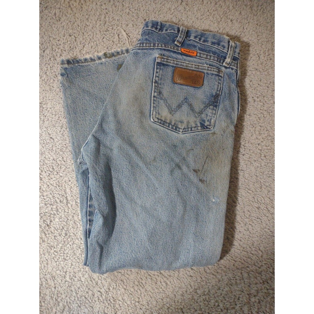Wrangler FR Jeans Men 36x30 Blue 13 Original Fit Distressed Work Look